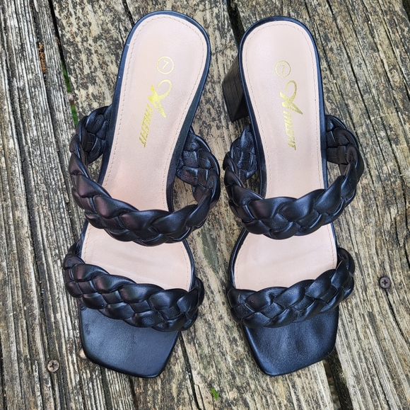 Braided Block Heel Sandals Strappy Black Size 7 - Picture 5 of 6